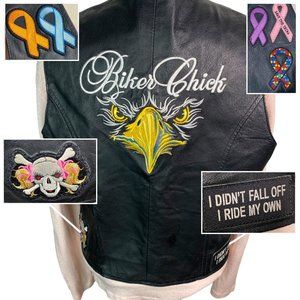Leather USA Biker Chick black vest patches Motorcycle embroidered Women's XL